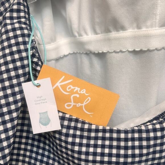 Kona Sol Flounce Blue Gingham Plaid One Piece Convertible Straps Swimsuit Sz XL - Picture 5 of 6